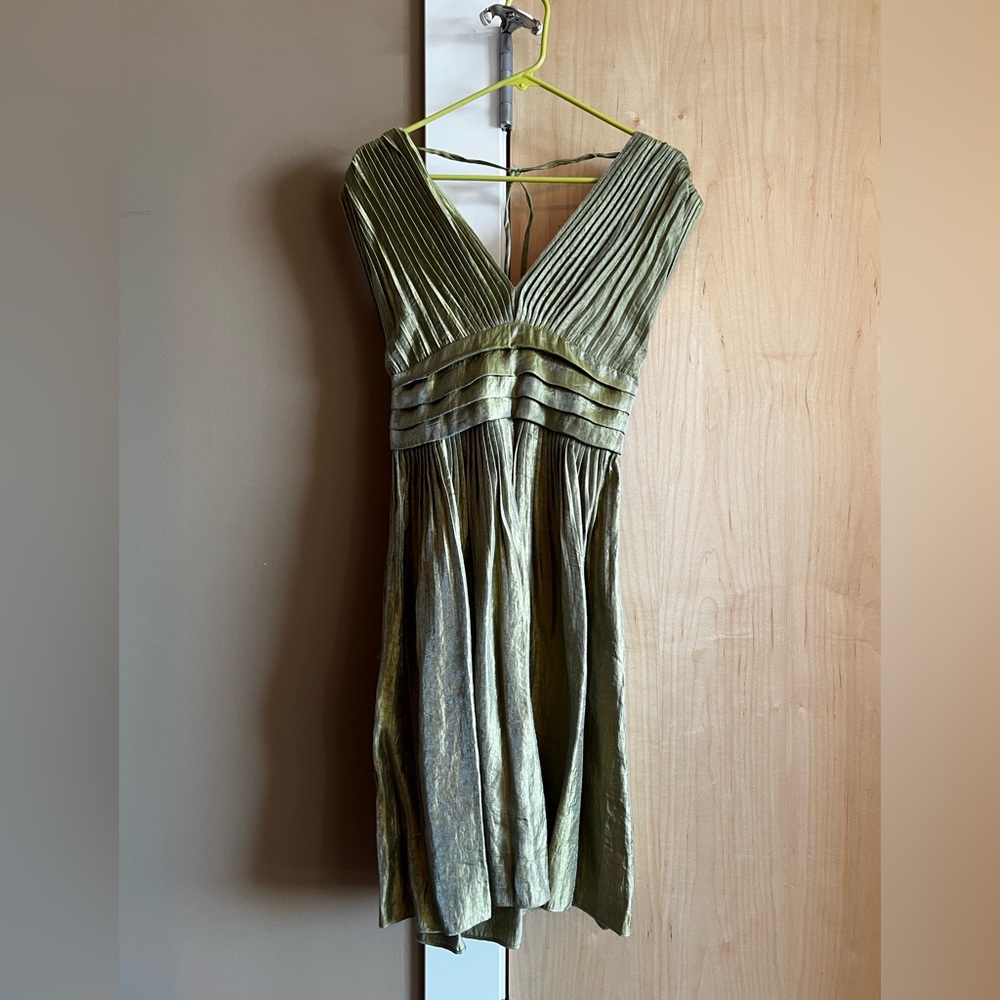 Adrianna Papell Iridescent Green Pleated Cocktail Dress